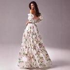 Damen Elegantes Maxikleid mit schulterfreien Rüschenärmeln und floralen Akzenten EB
