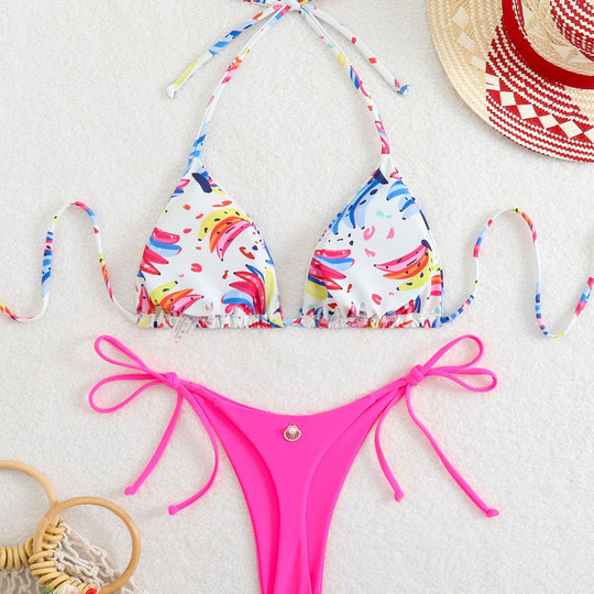 Damen Triangel-Bikini mit verspieltem Farbdesign und verstellbaren Bindebändern R&B