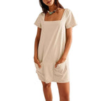 Damen lässiges Tunika-Kleid mit praktischen Taschen und Quadrat-Ausschnitt R&B