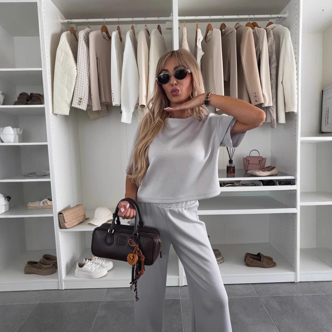 Damen lässiges Lounge-Set mit cropped T-Shirt und weitem Hosen R&B