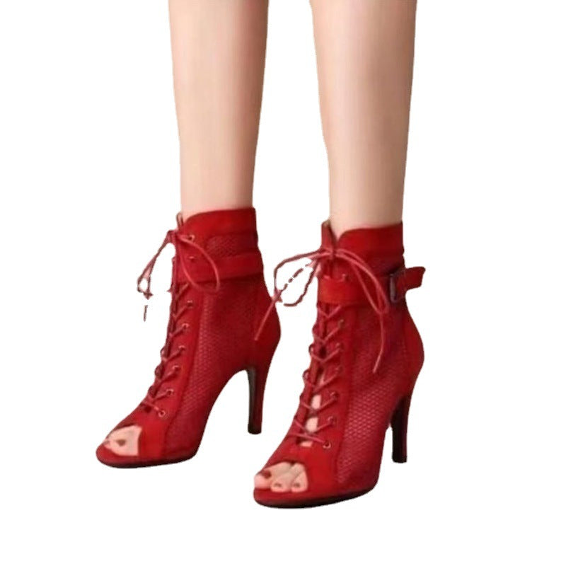 Damen Netz-Stiefeletten mit eleganter Schnürung und hohem Absatz R&B