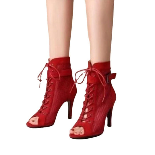Damen Netz-Stiefeletten mit eleganter Schnürung und hohem Absatz R&B