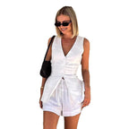 Damen Elegante Leinenbluse mit Shorts-Set R&B