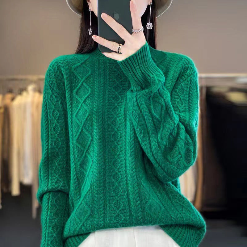 Damen Hochwertiger Strickpullover mit Stehkragen und Zopfdesign R&B