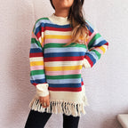 Damen entzückender Pullover mit Fransen und buntem Streifenmuster R&B   