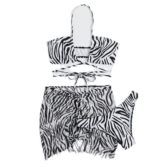 Damen Triangel-Bikini-Set mit transparentem Wickelrock und animalischem Muster R&B