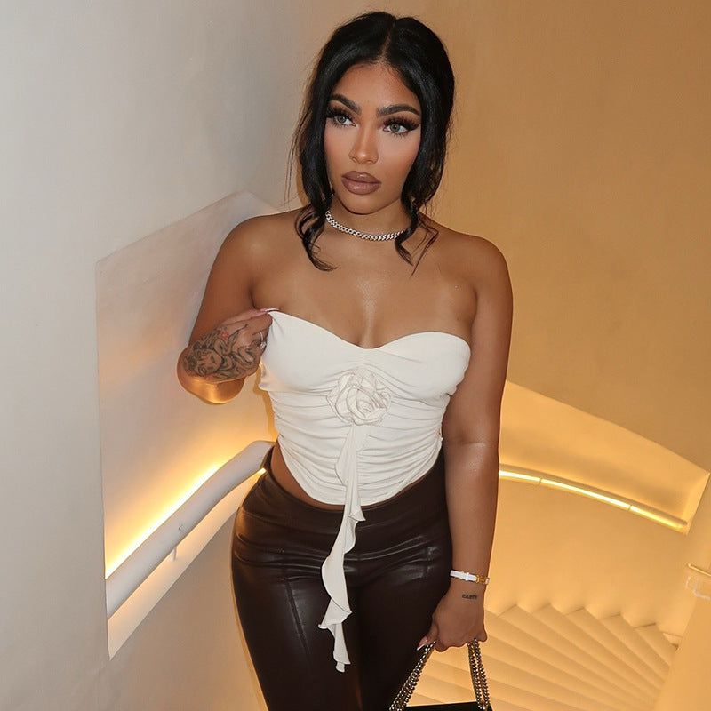 Damen bügelfreies Bustier-Oberteil mit dekorativer Raffung und Blütenapplikation R&B