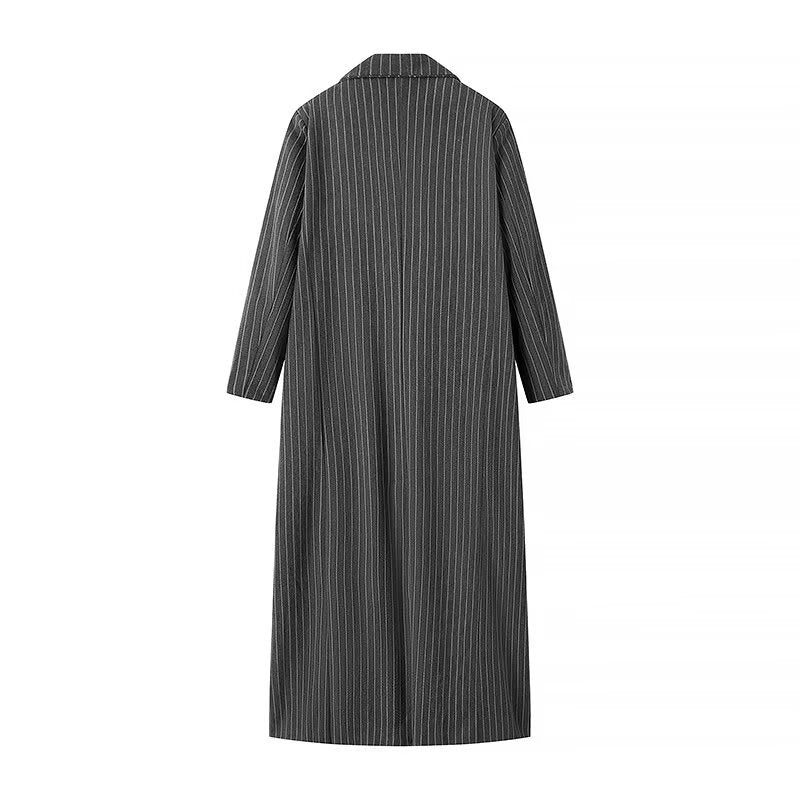 Damen eleganter gestreifter Langblazer mit doppelter Knopfleiste und seitlichen Taschen R&B