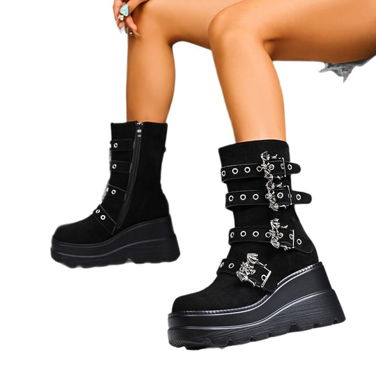 Damen Wedge-Stiefeletten mit modischen Schnallen und rutschfester Sohle R&B