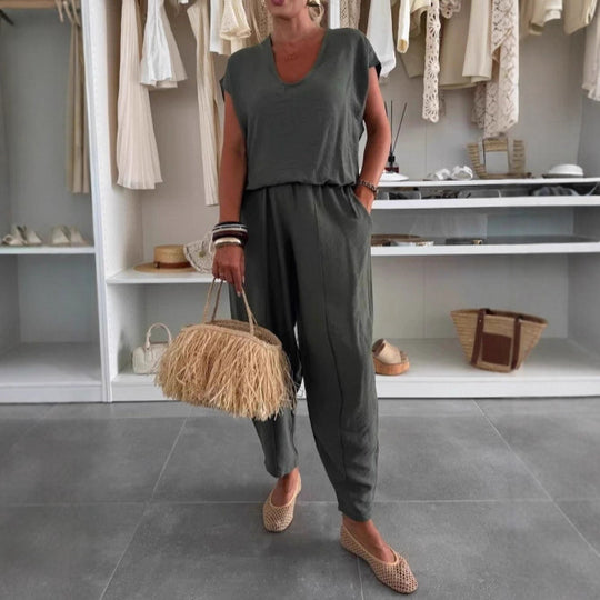 Damen lässiger Jumpsuit mit elastischem Bund und praktischen Taschen R&B