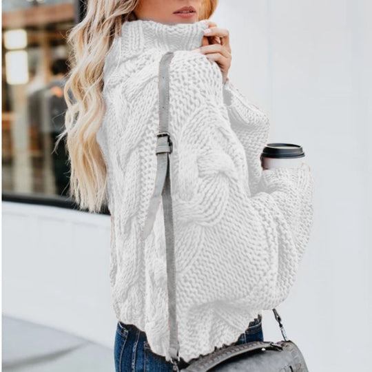 Damen Grobstrickpullover mit hohem Kragen und Zopfmuster R&B