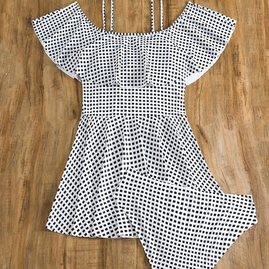 Damen Badeanzug-Set mit Rüschendetails und elegantem Karomuster R&B
