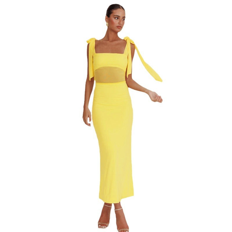 Damen elegantes Maxikleid mit transparenter Spitze und Schulterbändern R&B