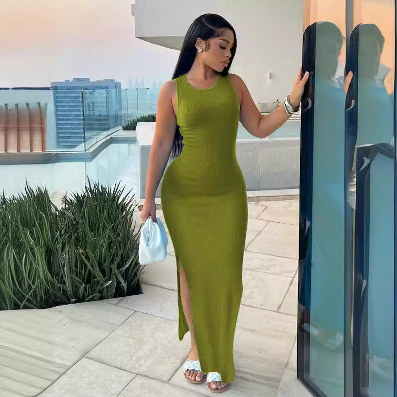 Damen elegantes Maxikleid mit hohem Schlitz und figurbetontem Schnitt R&B