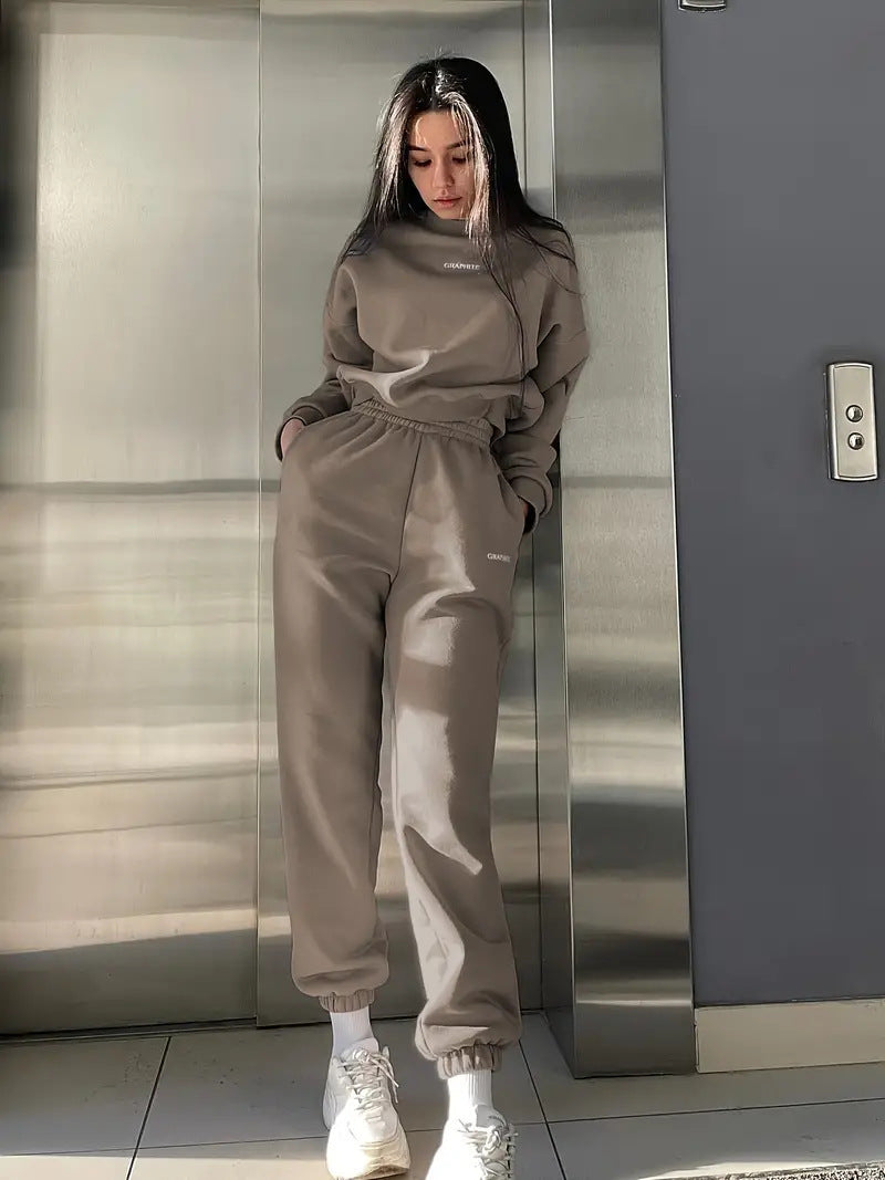 Damen lässiges Fleece-Jogginganzug-Set mit elastischem Bund und lässigem Schnitt R&B