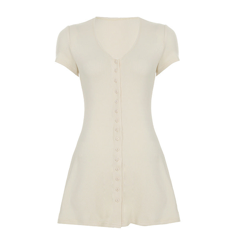 Damen Kurzarm-Strickkleid mit Knopfdetail und schmeichelndem Schnitt R&B