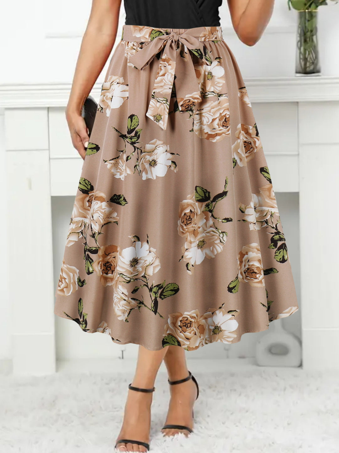 Damen Maxi-Rock mit floralem Muster und taillierter Schleife R&B
