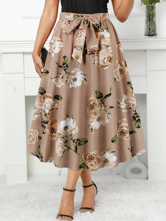 Damen Maxi-Rock mit floralem Muster und taillierter Schleife R&B