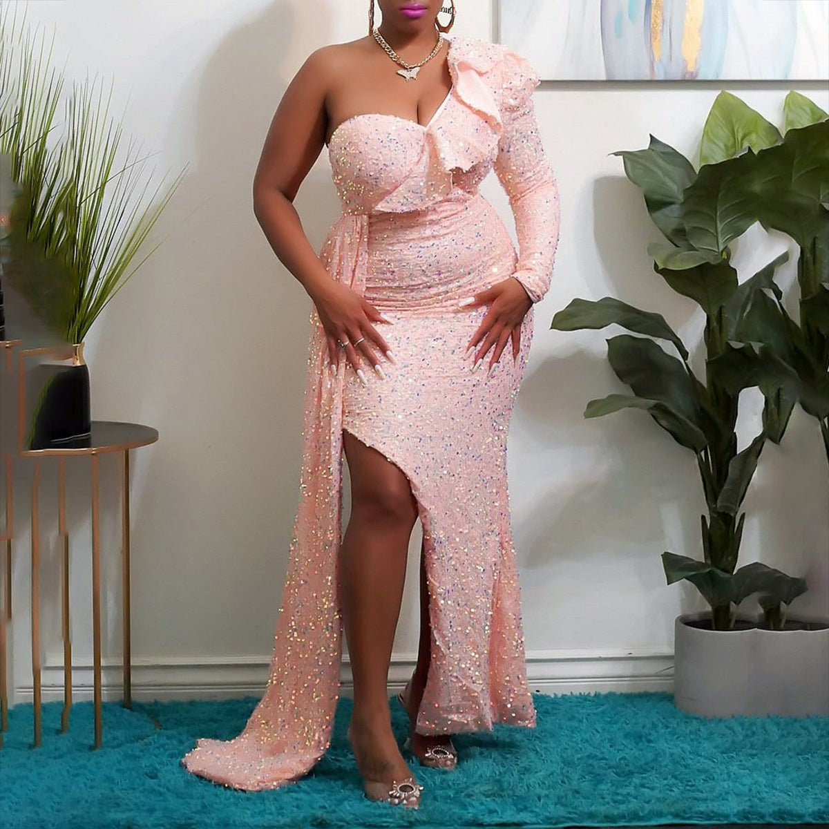 Damen Elegantes schulterfreies Maxikleid mit glitzernden Akzenten und asymmetrischem Design R&B