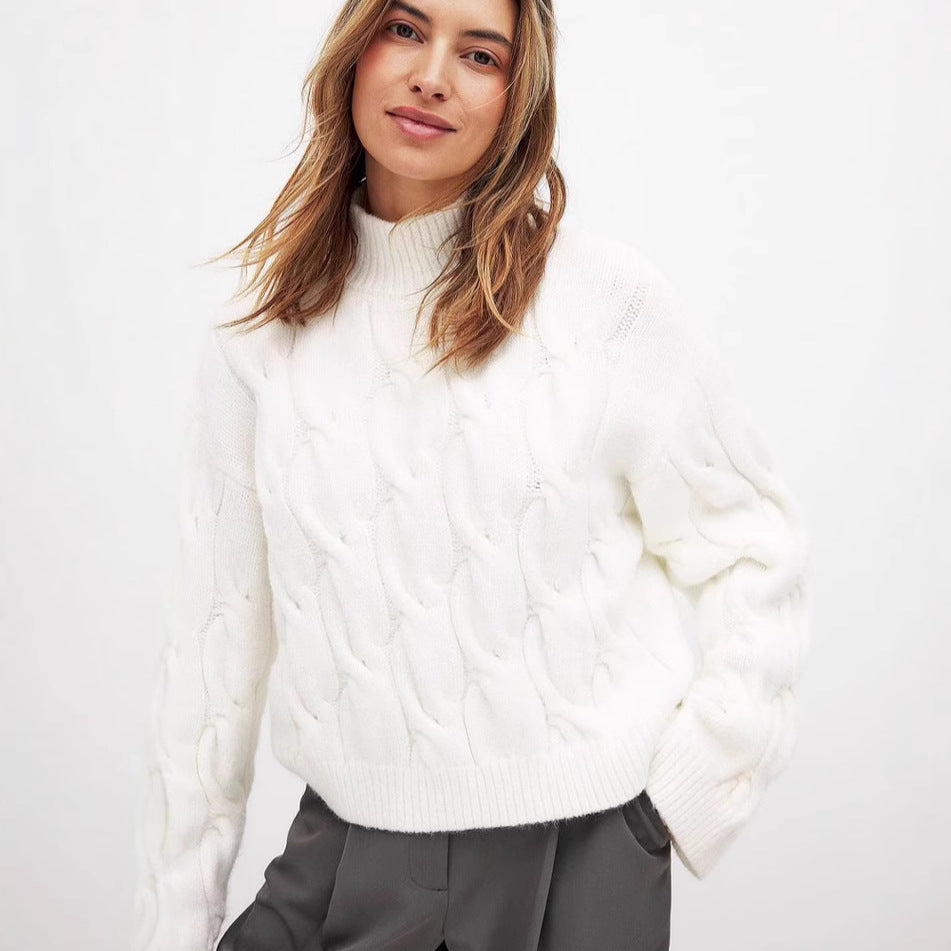Damen Grobstrickpullover mit einem hohen Kragen und romantischem Zopfdesign R&B