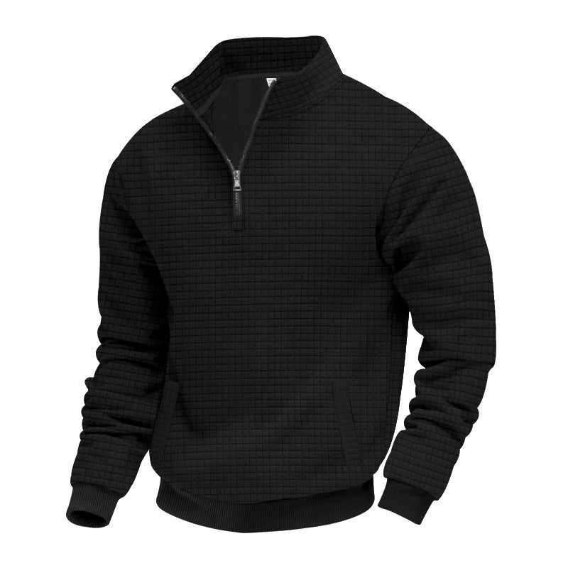 Herren nan Waffelstruktur-Halbzip-Pullover mit Stehkragen und dezenten Eingrifftaschen R&B