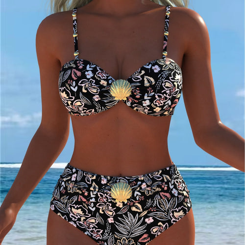 Damen Balconette-Bikini mit hohem Taillen-Schnitt und dekorativem Muschel-Detail R&B