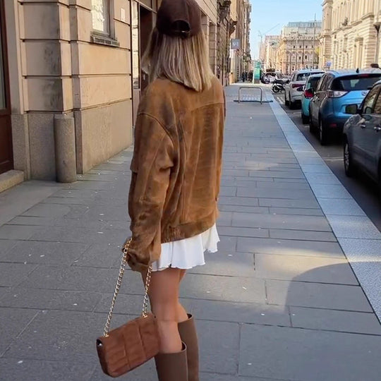 Damen Oversized Wildlederjacke mit großen Taschen und lässigem Schnitt R&B