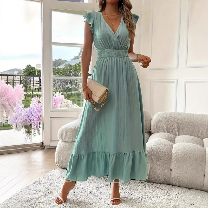 Damen Maxikleid mit voluminösen Rüschenärmel und elegantem Bund R&B