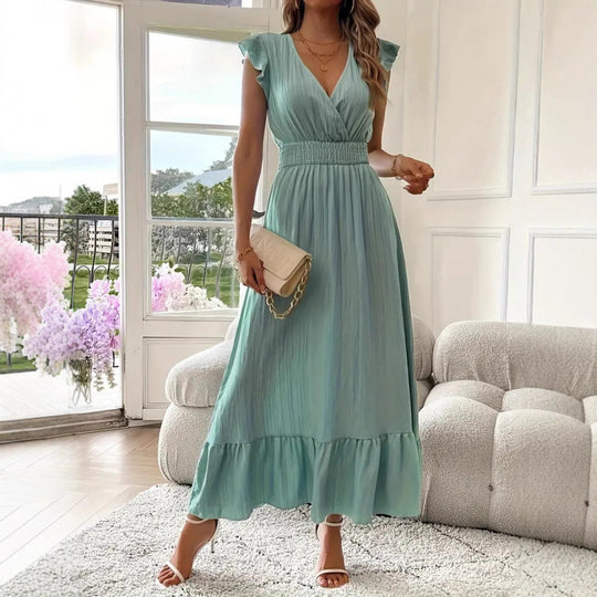 Damen Maxikleid mit voluminösen Rüschenärmel und elegantem Bund R&B