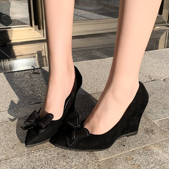 Damen elegante Wedge-Pumps mit modischem Schleifenakzent R&B