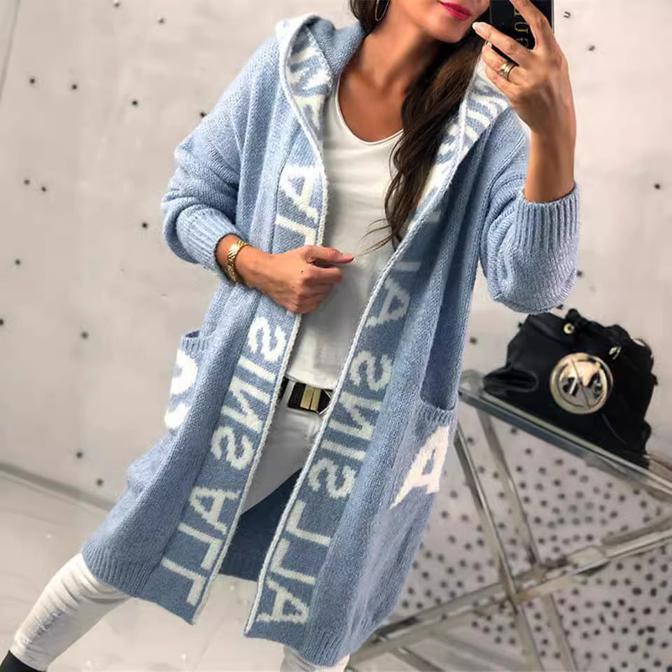 Damen Langarm-Strickcardigan mit Kapuze und praktischen Taschen R&B
