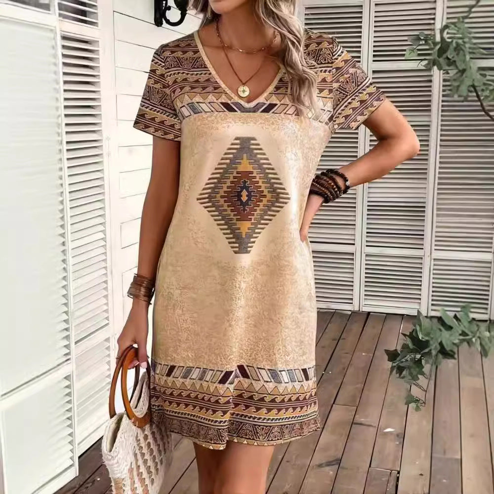 Damen lässiges Tunika-Kleid mit ethnischem Muster R&B