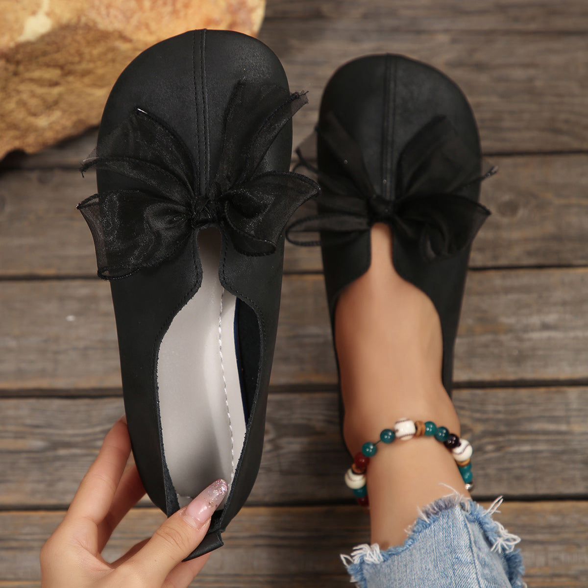 Damen elegante Ballerinas mit grosser Schleifenapplikation und weichem Innenfutter R&B