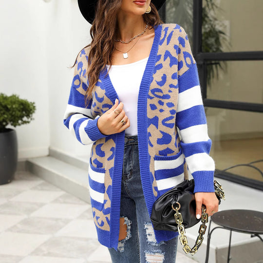 Damen lässige Strickjacke mit leopardenmuster und modernen Streifen R&B