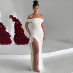Damen Off-Shoulder Maxikleid mit elegantem Schlitz und figurformendem Schnitt R&B