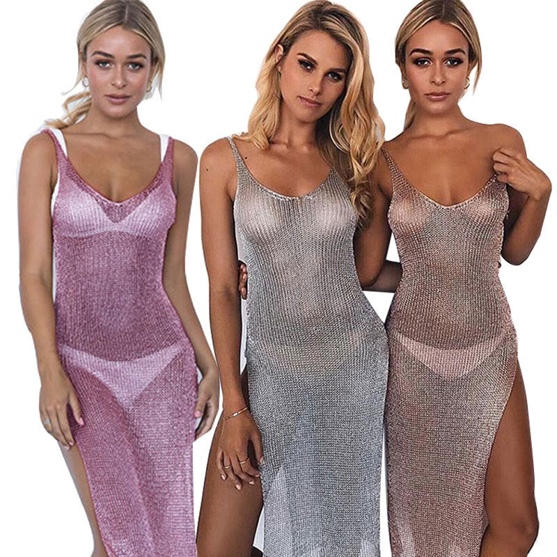 Damen elegantes Strickkleid mit transparentem Design und feinen Trägern R&B