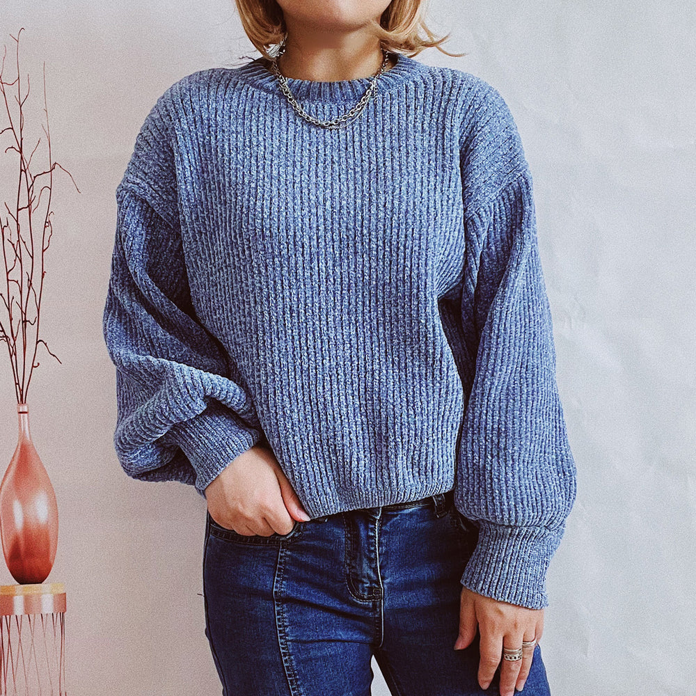 Damen Grobstrickpullover mit romantischem Rippenmuster und weiten Ärmeln R&B