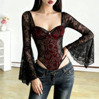 Damen Spitzen-Bodysuit mit voluminösen Ärmeln und eleganten Verzierungen R&B