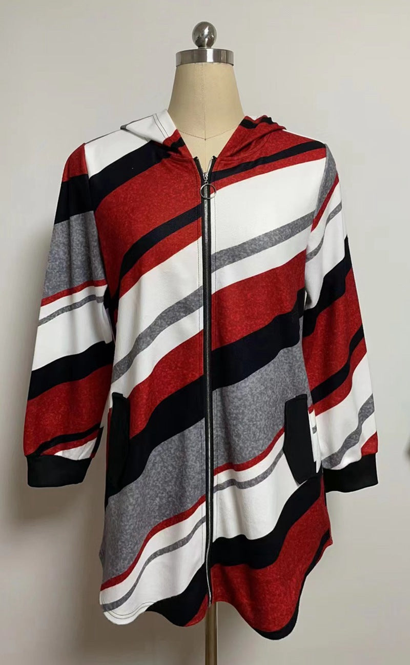 Damen nan Longline-Kapuzenjacke mit diagonalem Streifenmuster, Ringreißverschluss und Seitentaschen R&B