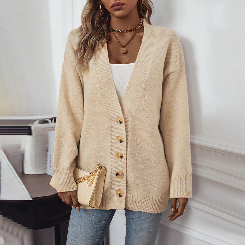 Damen gemütliche Strickjacke mit Knopfdetails und tiefem V-Ausschnitt