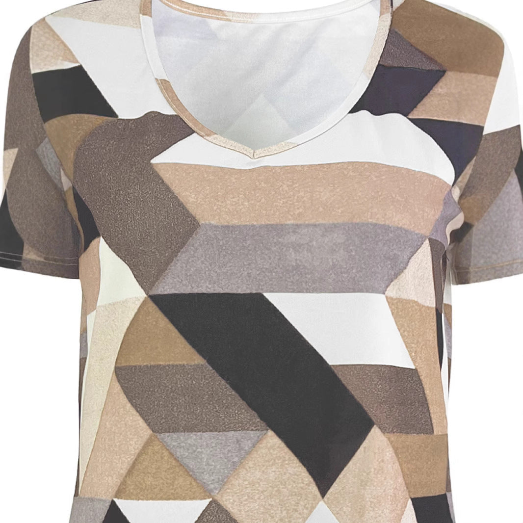 Damen V-Ausschnitt T-Shirt mit geometrischem Muster und weichem Material R&B