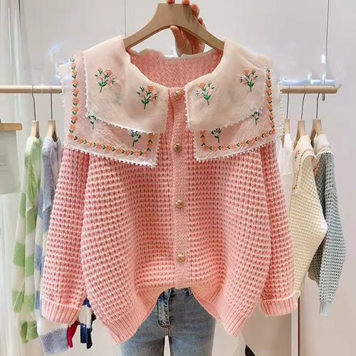 Damen gestickterCardigan mit weit geschnittenem Kragen R&B