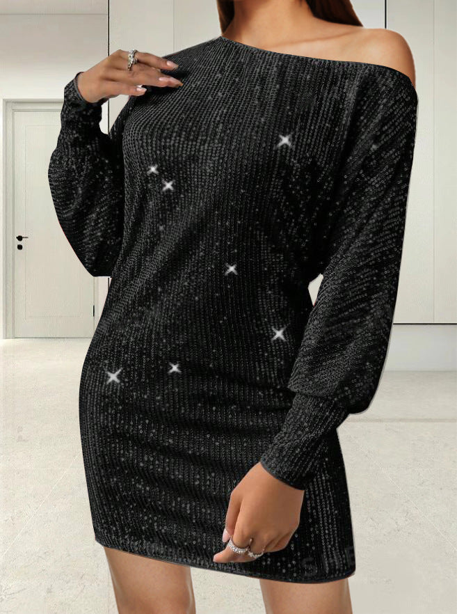 Damen Funkelndes Minikleid mit asymmetrischem Ausschnitt und Ballonärmeln R&B