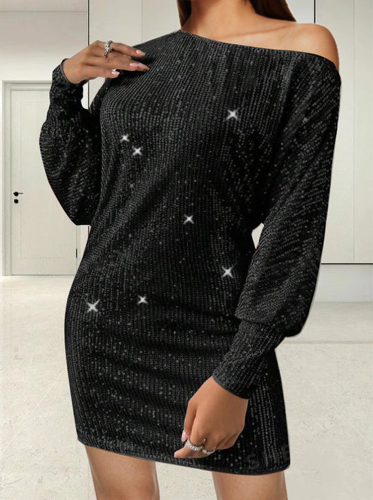 Damen Funkelndes Minikleid mit asymmetrischem Ausschnitt und Ballonärmeln R&B