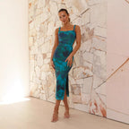 Damen Figurbetontes Midi-Kleid mit seitlichem Schlitz und Schulterträgern R&B