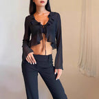 Damen Transparente Langarmbluse mit Rüschen und Bindegürtel R&B