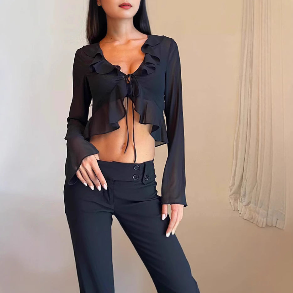Damen Transparente Langarmbluse mit Rüschen und Bindegürtel R&B