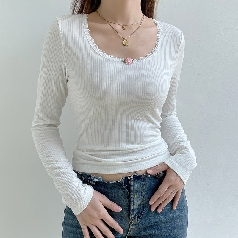 Damen Langarmshirt mit feinem Rippdesign und romantischem Spitzenbesatz R&B