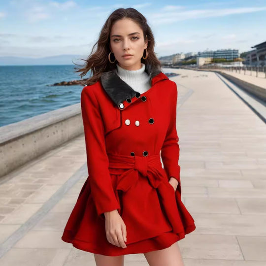 Damen eleganter Trenchcoat mit abnehmbarem Fellkragen und Taillengürtel R&B