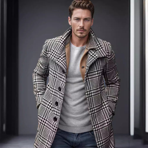 Herren eleganter Karomantel mit großflächigen Taschen und hohem Kragen R&B